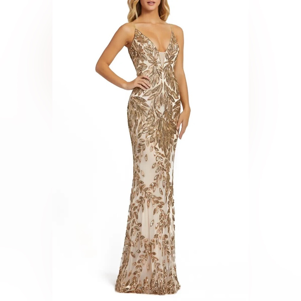 Mac Duggal Nude Gold Beaded Sequin Leaf Mermaid Gown